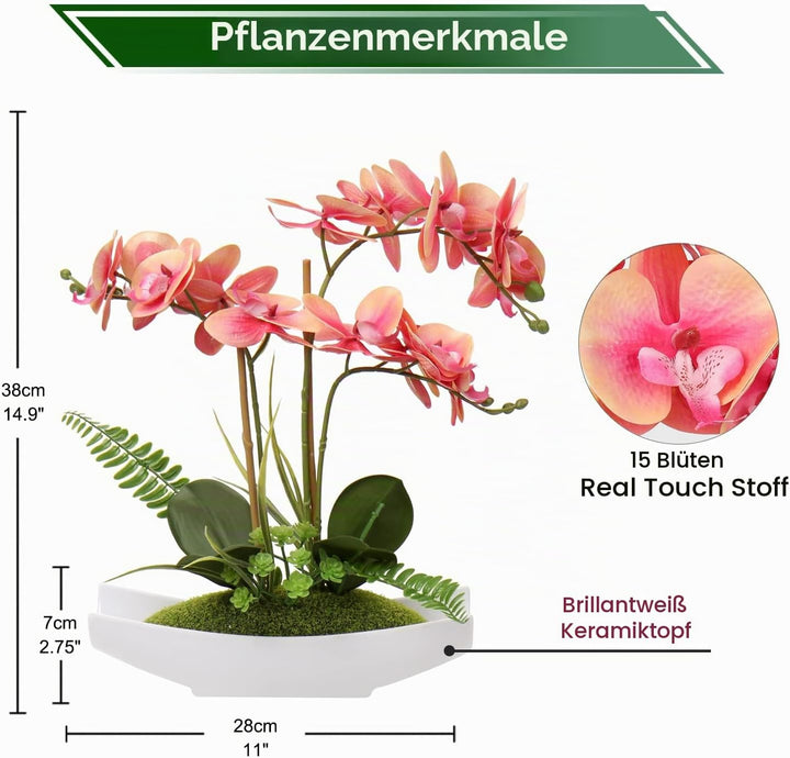 Kunstblume Orchidee Künstlich Phalenopsis Blumen im Kunststofftopf Kunstpflanze für Home Office Hoch
