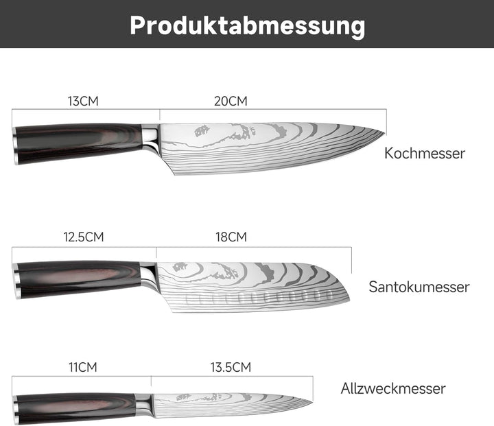 Gustrug Messerset Küchenmesser Set 3-tlg mit Ergonomischen Griff, Scharfe Messer Set aus Hochwertige