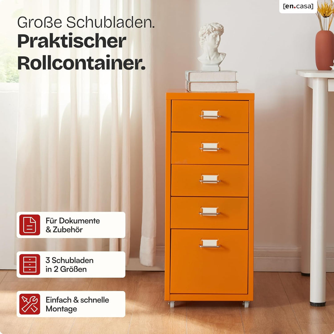 [en.casa] Rollcontainer Kökar Schubladenschrank Metall Aktenschrank mit 5 Schubladen Bürowagen mit R