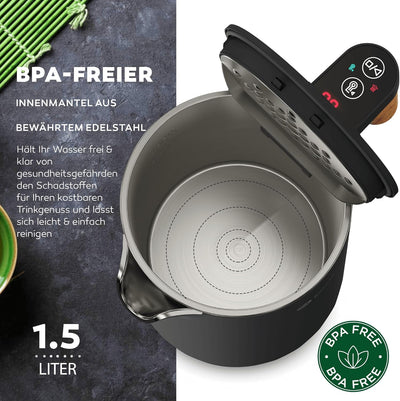 BALTER Edelstahl Wasserkocher mit Temperatureinstellung, 45°C-100°C, Doppelwand, BPA frei, leise & k