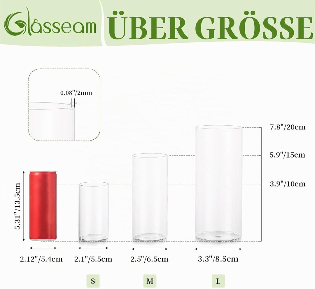Glasseam Deko Vase Glas Zylinder Tischdeko 10 Satz Blumen Vasen Set Modern Glasvase Rund Glaszylinde