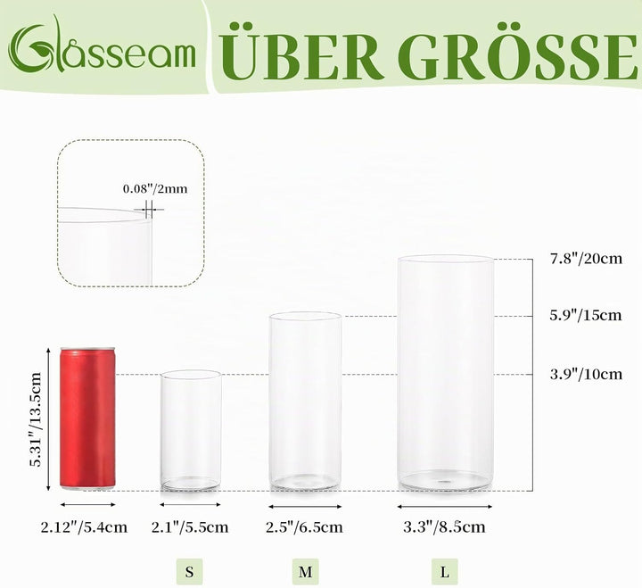 Glasseam Deko Vase Glas Zylinder Tischdeko 10 Satz Blumen Vasen Set Modern Glasvase Rund Glaszylinde