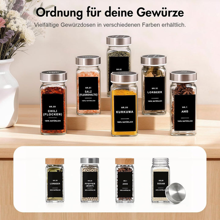 Gewürzgläser eckig mit Edelstahl Deckel Set 24er :120 ml Gewürzdosen Glas mit Etiketten & Streueinsa