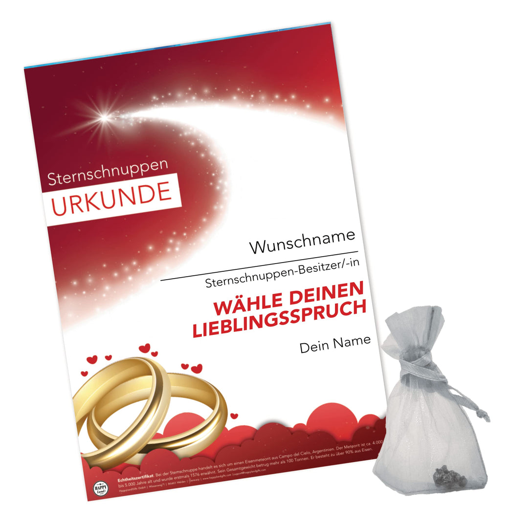 happylandgifts® Premium | Echte Sternschnuppe als HOCHZEITSGESCHENK | Personalisierte Urkunde mit Wu