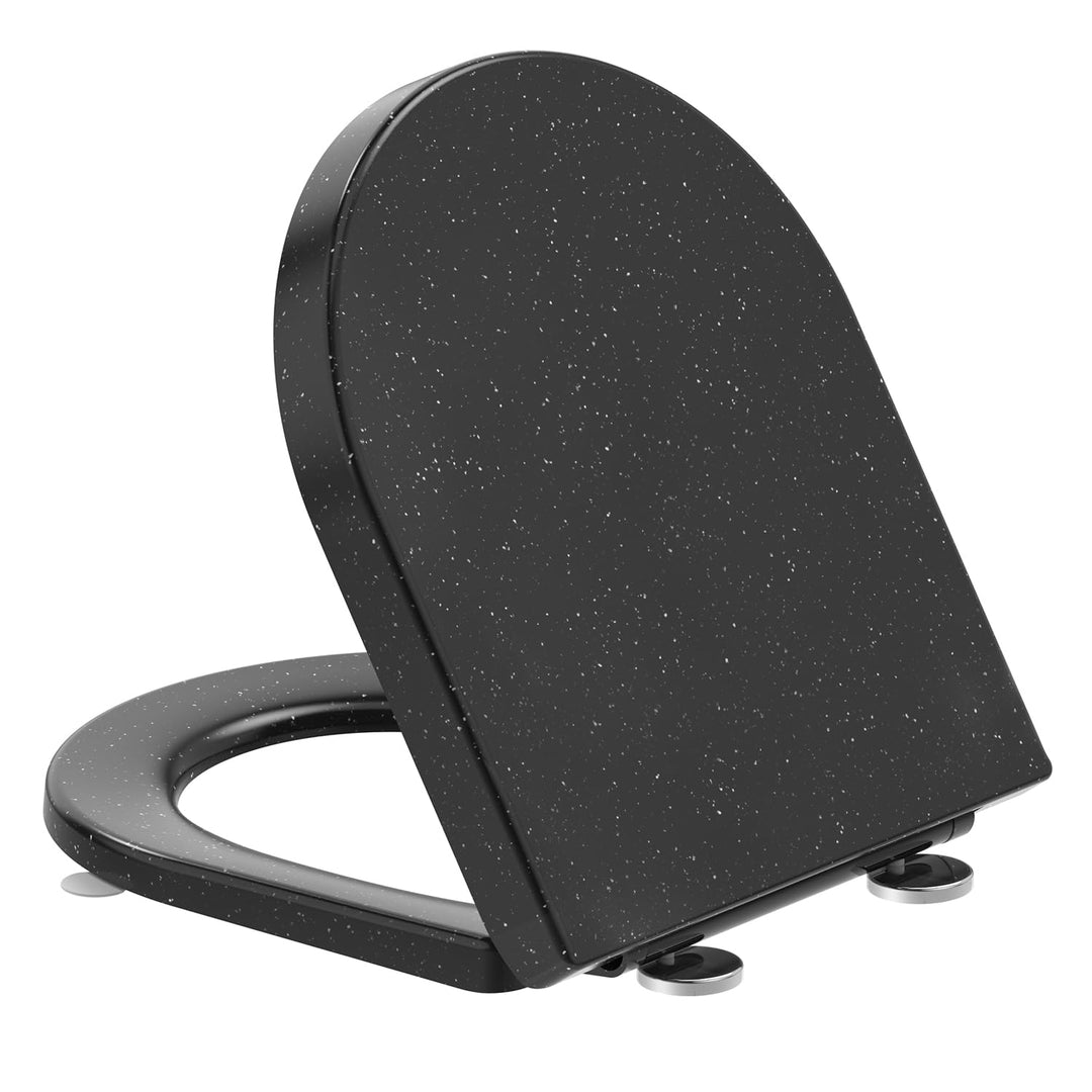 Toilettendeckel mit Absenkautomatik, WC Sitz D Form aus Duroplast, Schwarz Marmor Klodeckel mit Quic