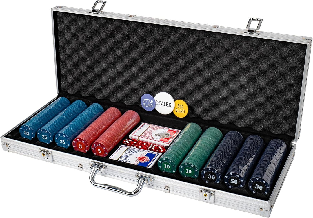 H&amp;F Heimtextilien Pokerkoffer Set 500 Chips – Komplettes Poker Spielset mit Karten Würfeln &amp; Dealer-
