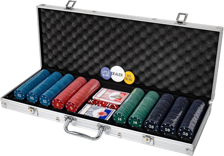 H&amp;F Heimtextilien Pokerkoffer Set 500 Chips – Komplettes Poker Spielset mit Karten Würfeln &amp; Dealer-