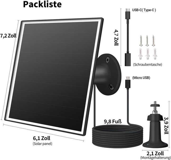 6W Solarpanel für draussen installierte Überwachungskameras mit Micro-USB- und USB-C-Anschluss, Sola