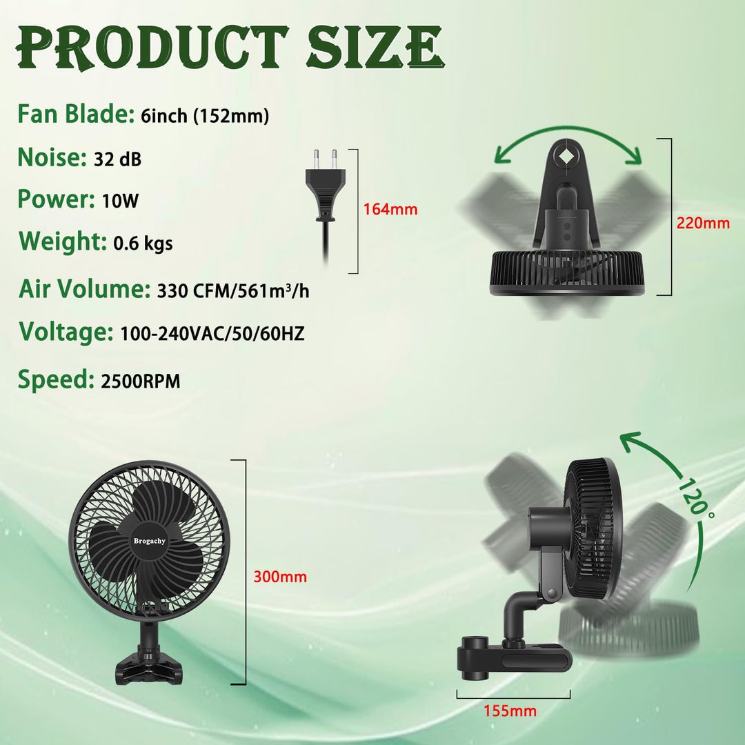 10W Grow Ventilator mit Clip, Automatische Oszillation,EC-Motoren mit 10-Geschwindigkeiten, Schutzar