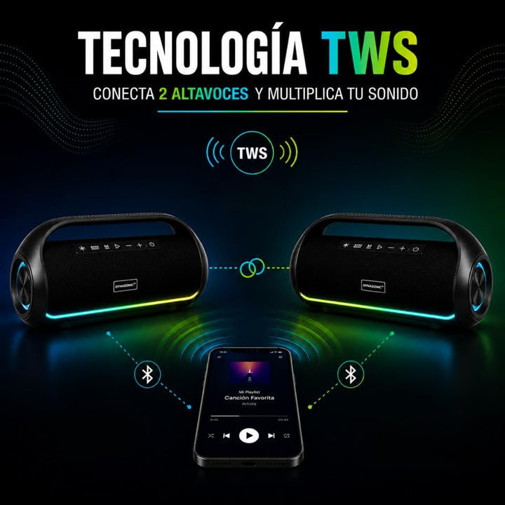 DYNASONIC S90 – IPX7 tragbarer Bluetooth Lautsprecher. Kabelloser Outdoor Lautsprecher. Stereoanlage