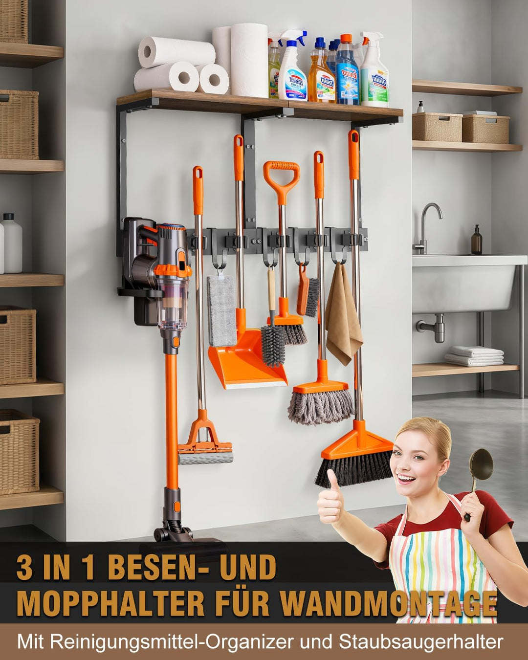 Supforce Besenhalter Wandmontage mit Holzablage, robuster Gerätehalter aus Metall mit Staubsaugerhal