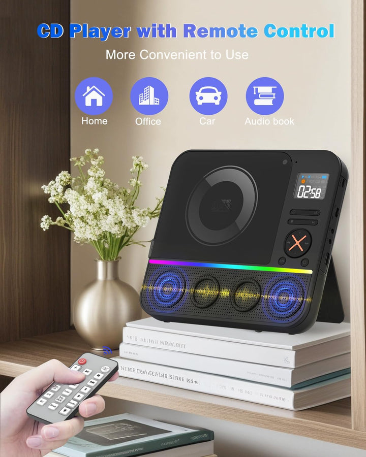 Tragbarer CD Player Bluetooth, Boombox Desktop CD-Player mit Bluetooth FM-Radio und RGB LED-Anzeige