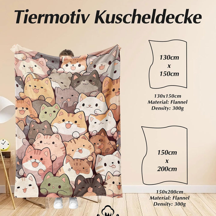Katzemotiv Kuscheldecke 130x150cm, Süsse Tiermotiv Weich Bequem Kunstfell Decke, Kuscheldecken für H