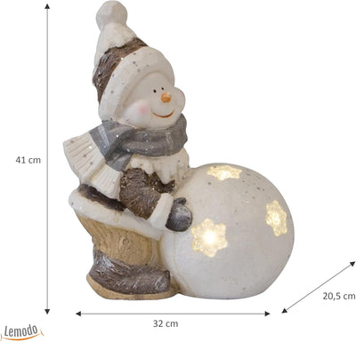 NATIV Weihnachtsdeko Schneemann mit LED beleuchteter Schneekugel | Weihnachtsschmuck aus Magnesia |