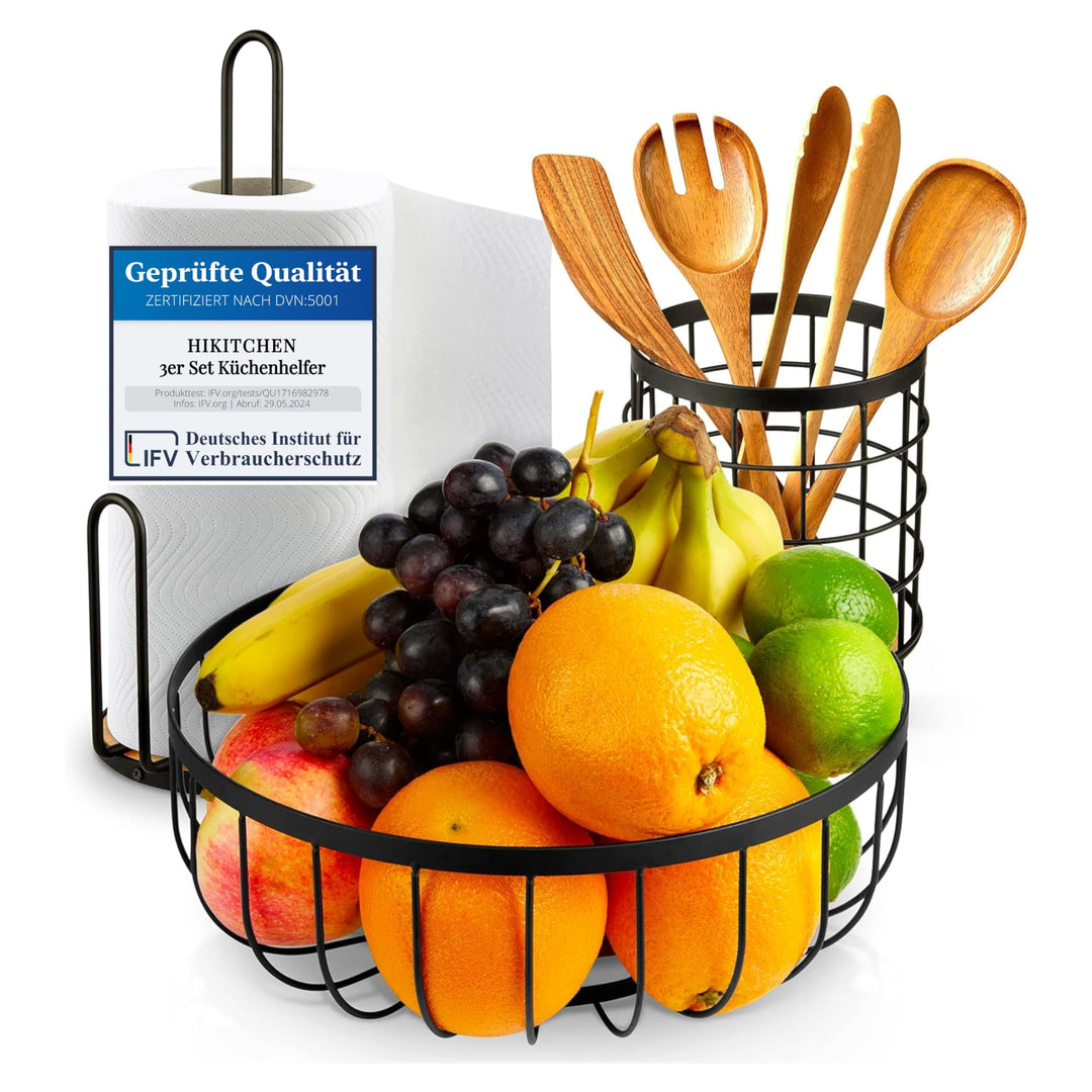 HIKITCHEN® [3er Set Obstkorb Obstschale Küchenrollenhalter Küchenutensilienhalter Utensilienhalter K