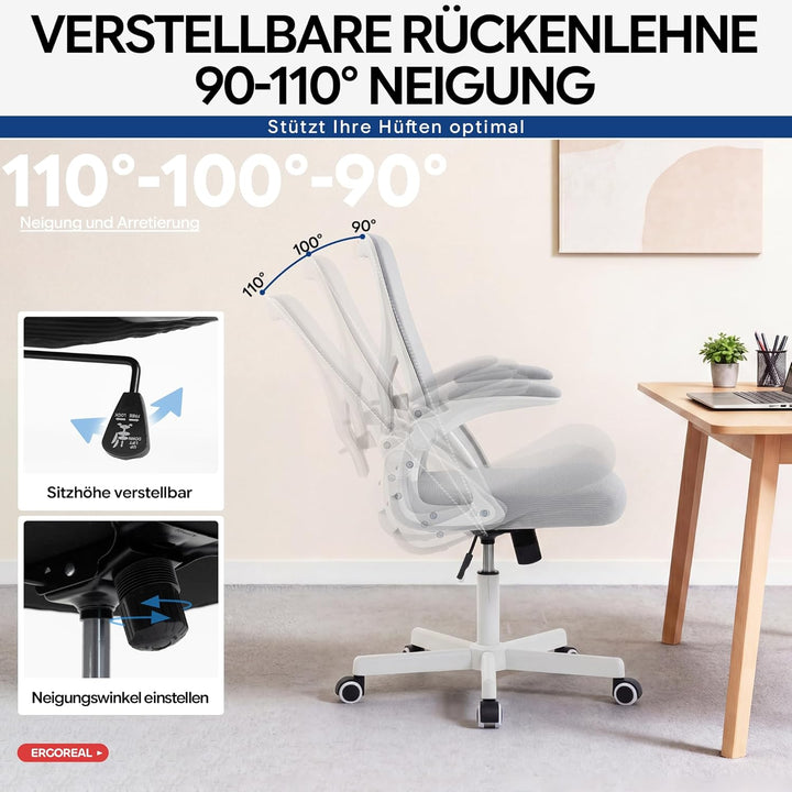Ergonomischer Bürostuhl, 90-110° Verstellbare Rückenlehne, 90° Aufklappbare Armlehnen & Verstellbare
