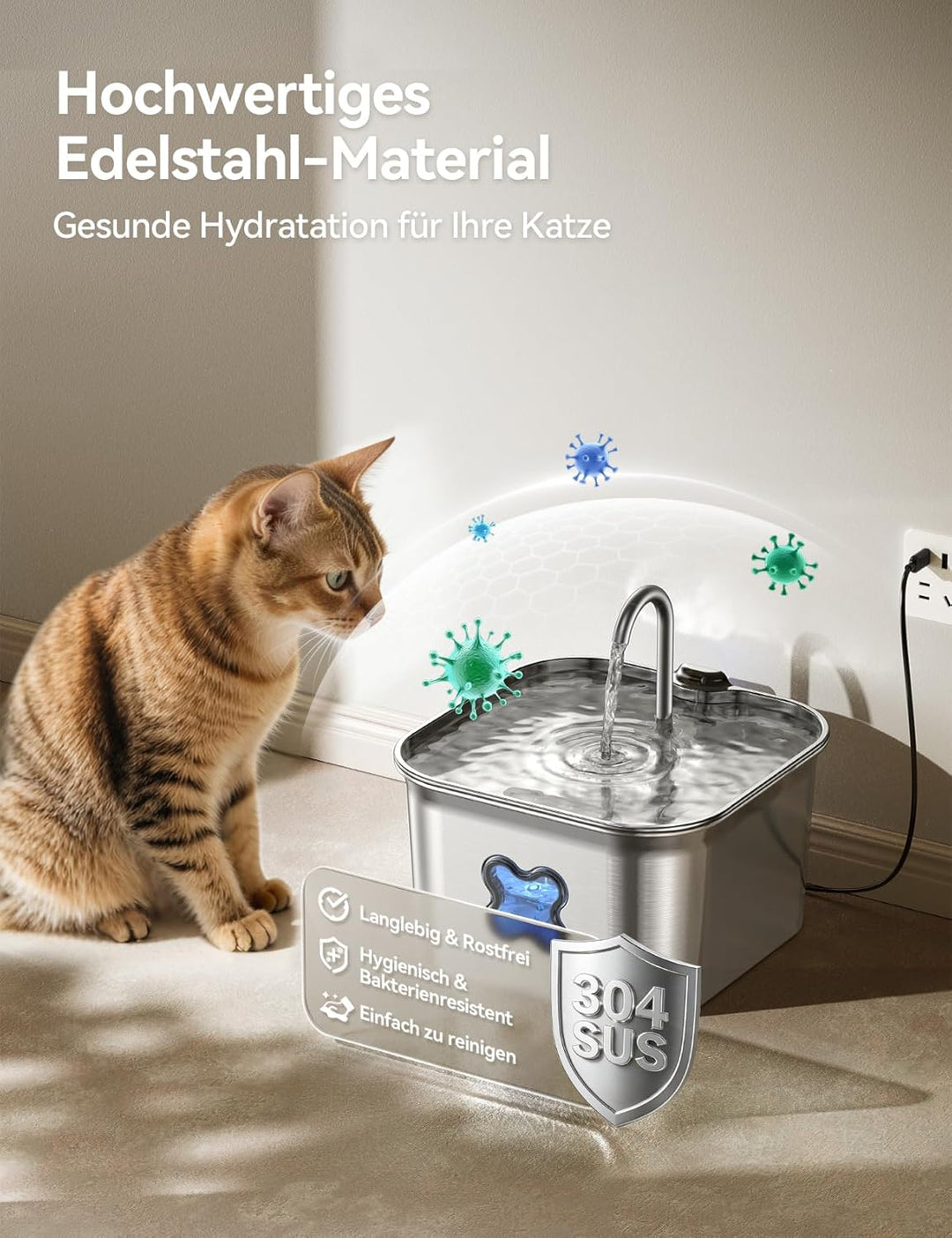 FEELNEEDY Katzenbrunnen Edelstahl, 2,8L Trinkbrunnen für Katze mit Kabel, Einfach zu Reinigen, katze