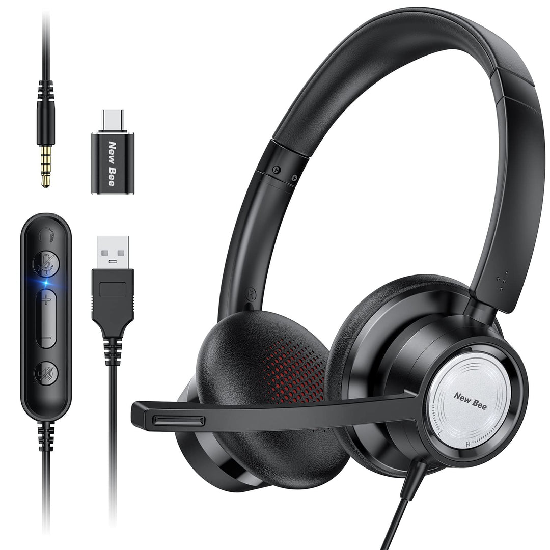 New bee Headset mit Mikrofon, PC Headset, Verstellbares Mikrofon mit Rauschunterdrückung, Headset US