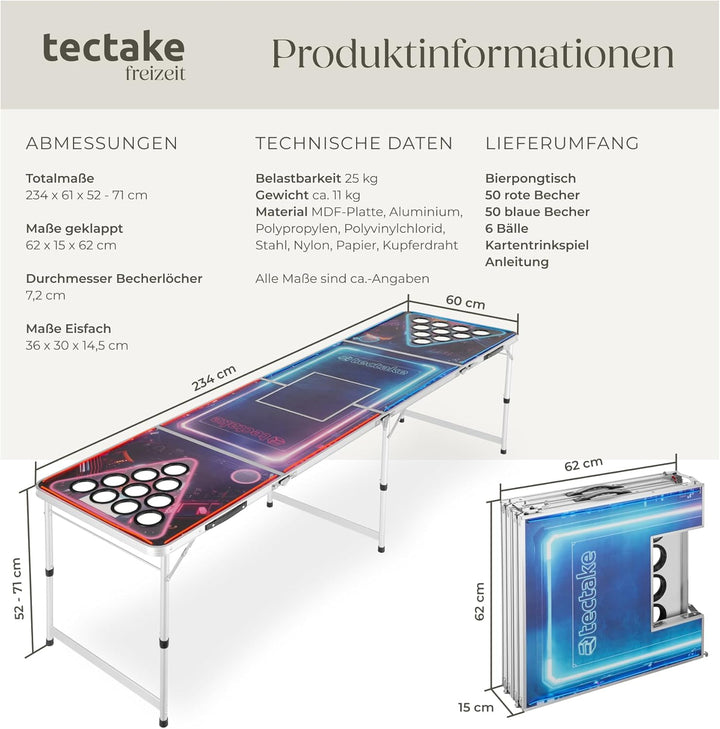 tectake® Bierpong Tisch mit Eiskühler und mit Party Deko LED Beleuchtung, Tisch höhenverstellbar, Kl