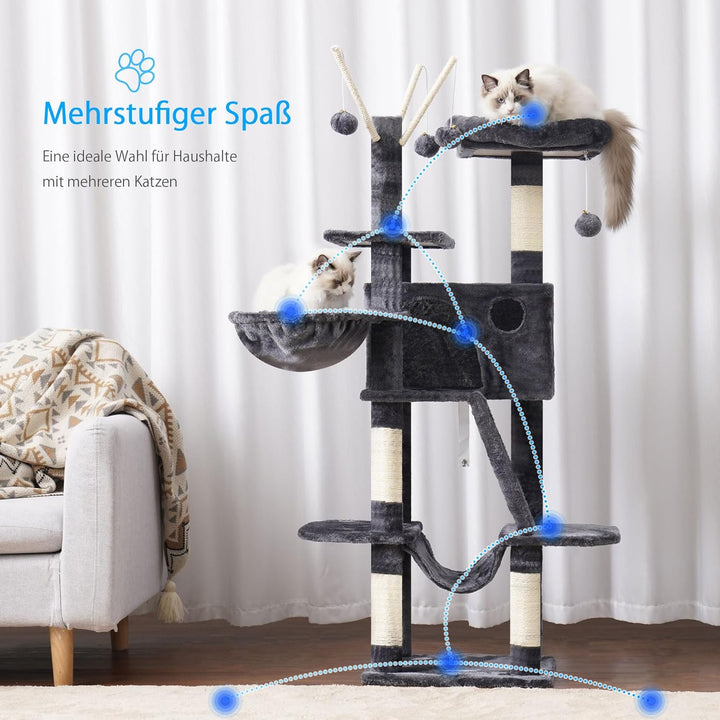 Hey-brother Kratzbaum, 135 cm Indoor Katzenbaum, Mit gepolsterter Plattform Bett, Spielzeug Ball, Hö