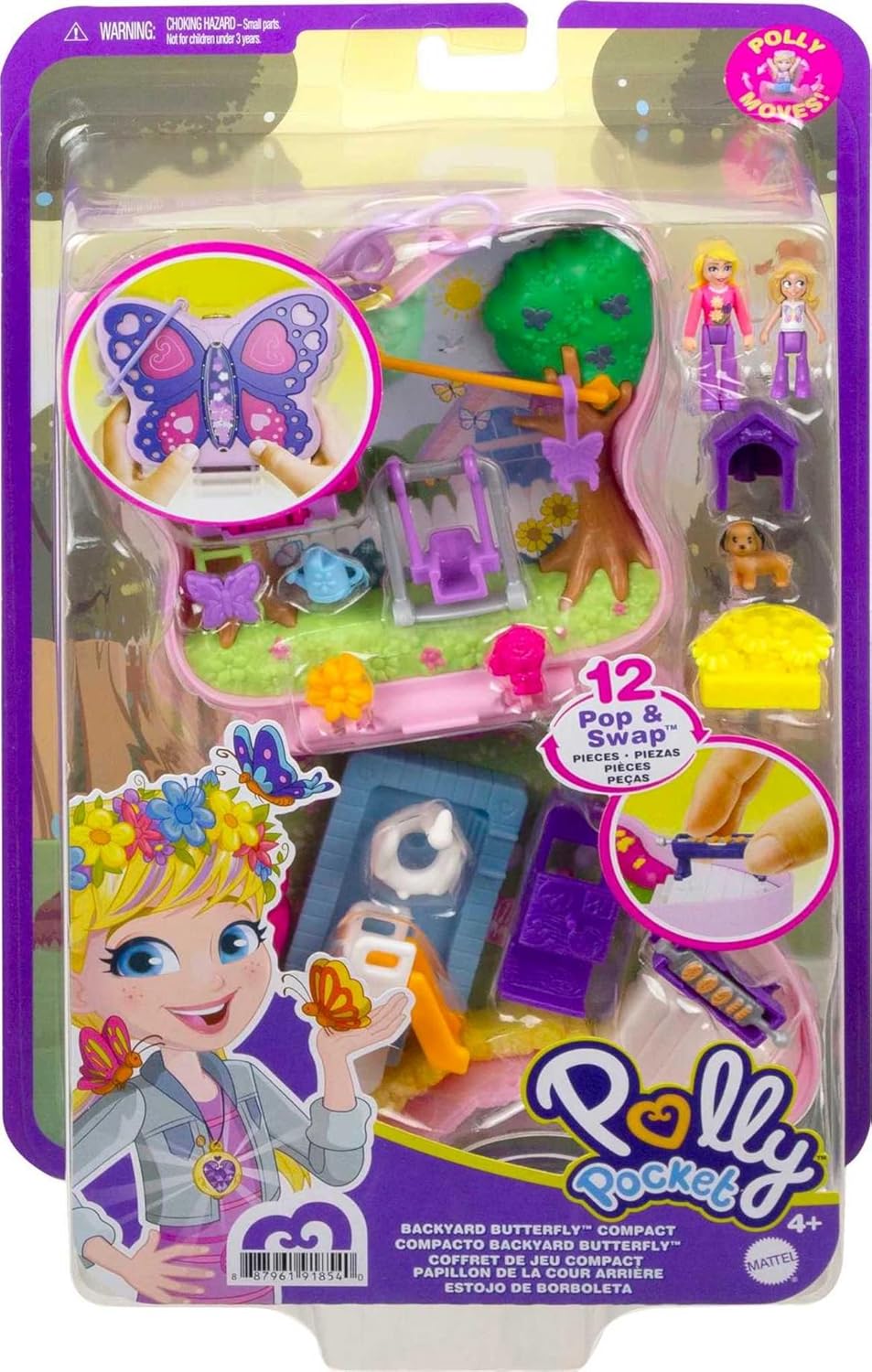 Polly Pocket GTN21 - Schmetterlingsgarten-Schatulle, 2 kleine Puppen, 5 Überraschungen, 13 Zubehörte
