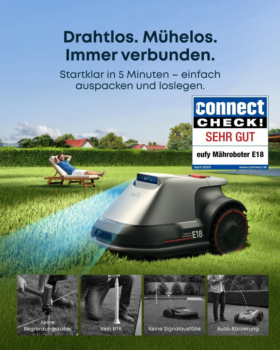 eufy E18 Mähroboter ohne Begrenzungskabel, ohne RTK & Signalausfälle, TrueVision Technologie, GNSS,