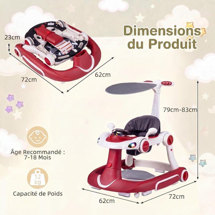 LIFEZEAL Lauflernwagen mit Sonnenschirm, 6-in-1 Lauflernhilfe Gehhilfe Baby mit Licht, Musik, Spiele