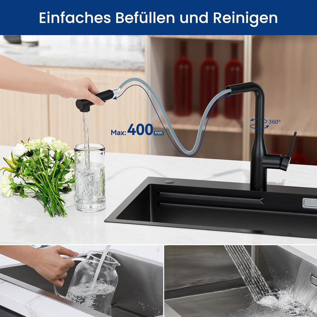CECIPA Wasserhahn Küche Ausziehbar, Hochdruck Küchenarmatur Schwarz, 360° Schwenk Armatur Küche, Rob