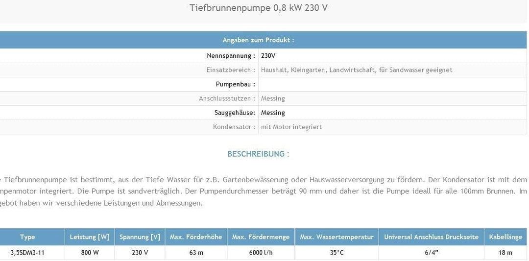 Tiefbrunnenpumpe Brunnenpumpen sandverträglich Edestahl 6300l/h 230V 800 W 90 mm