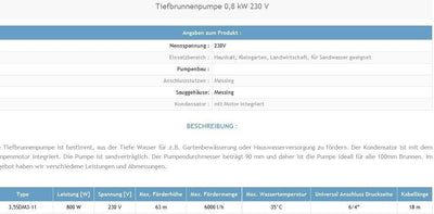 Tiefbrunnenpumpe Brunnenpumpen sandverträglich Edestahl 6300l/h 230V 800 W 90 mm