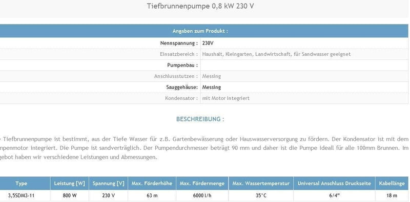 Tiefbrunnenpumpe Brunnenpumpen sandverträglich Edestahl 6300l/h 230V 800 W 90 mm