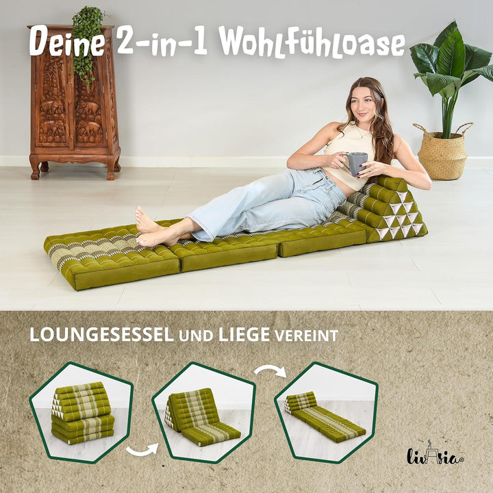 livasia Thaikissen 3 Auflagen extrahoch - 185x55x8cm - Dreieckskissen mit Klappmatratze, Kapok, Jumb