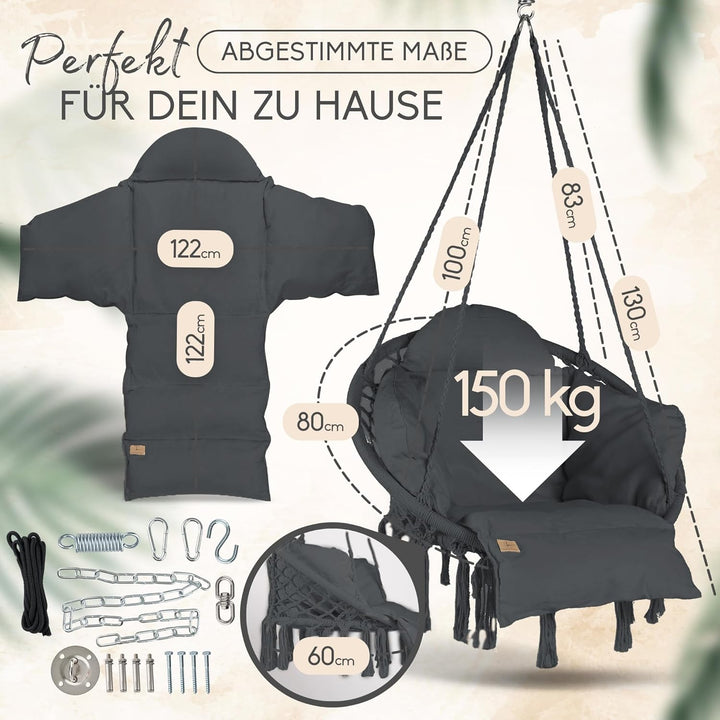 BELLAMATILDA® Hängesessel mit XXXL Kissen 100% Baumwolle | Weicher Hängestuhl Outdoor & Indoor | Hän