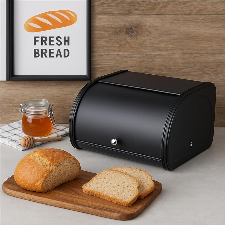 Rollbrotkasten 31,5 cm, schwarzer Brotkasten aus Metall für Brot und Brötchen, kompakte Brotbox für