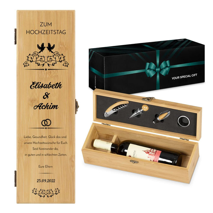 Maverton Weinbox für 0,7L Weinflasche - Wein Holzbox personalisiert + 4er Weinzubehör - Weinset Wein