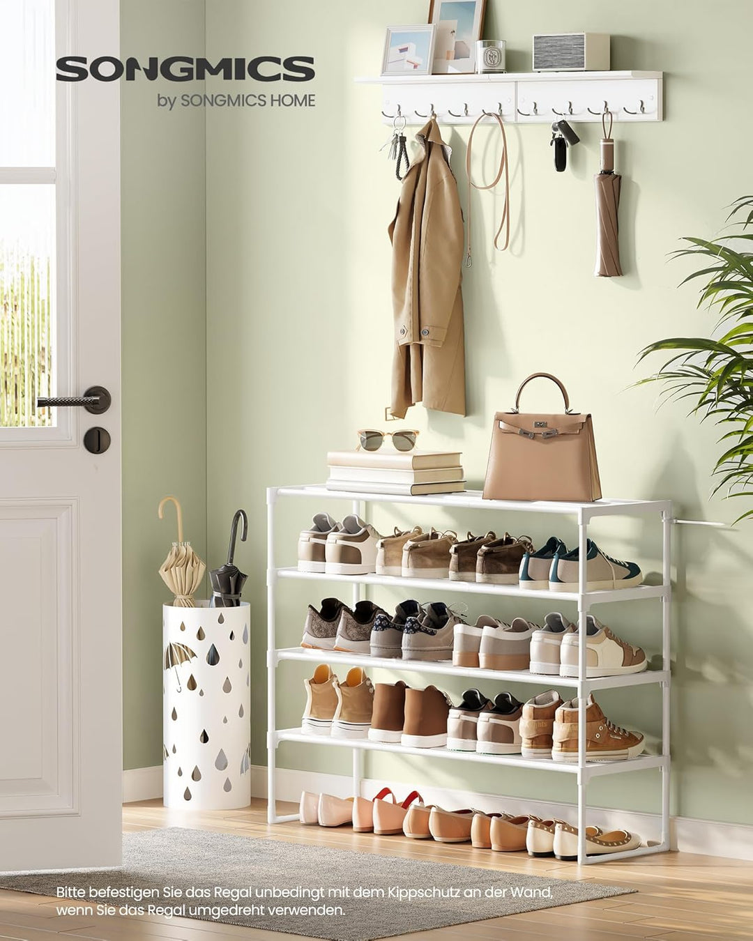 SONGMICS Schuhregal 4 Ebenen, Schuhständer Metall, Schuhaufbewahrung, Schuh-Organizer, aufrecht oder
