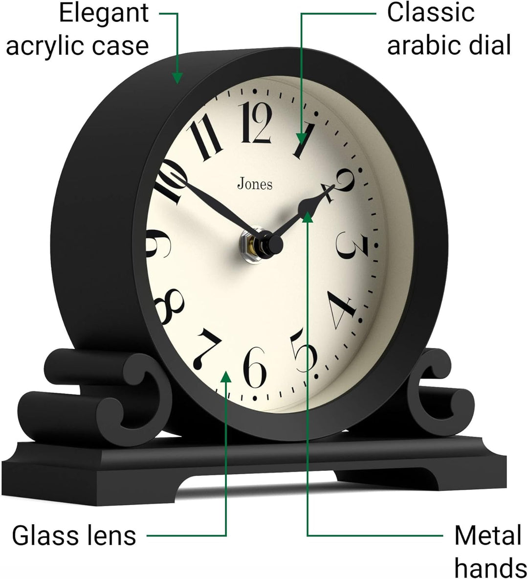 JONES CLOCKS® Saloon Tischuhr I Traditionelles DoppelIscrollIDesign I Schwarz I Zeitgenössischer kla