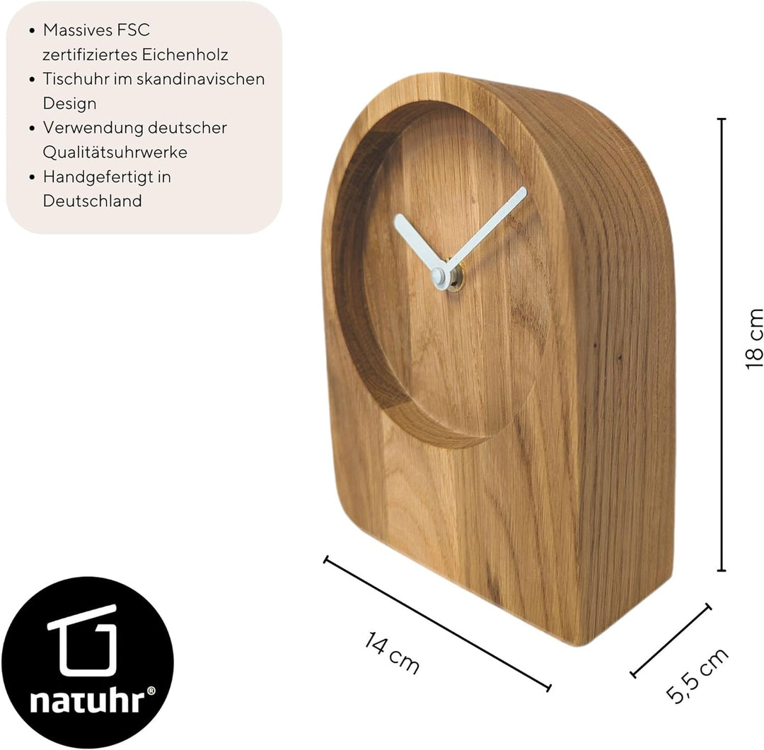 Natuhr Tischuhr Eiche Holzuhr - Dome - puristisch modern Massivholz (Eiche geölt, Weisse Zeiger - Fu