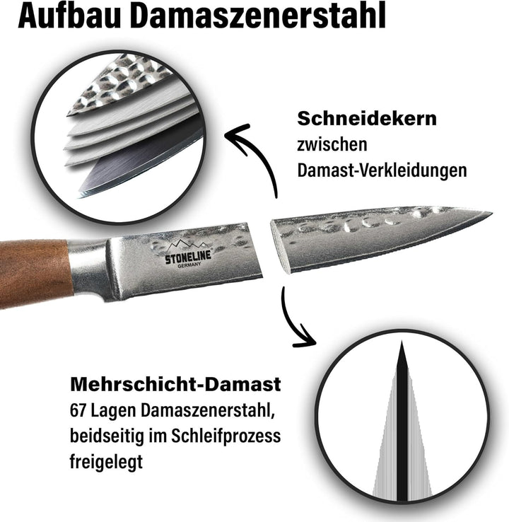 STONELINE Hammerschlag Damastmesser Allzweck-Messer 24 cm, extrem scharfe 12 cm Klinge aus 67 Lagen,