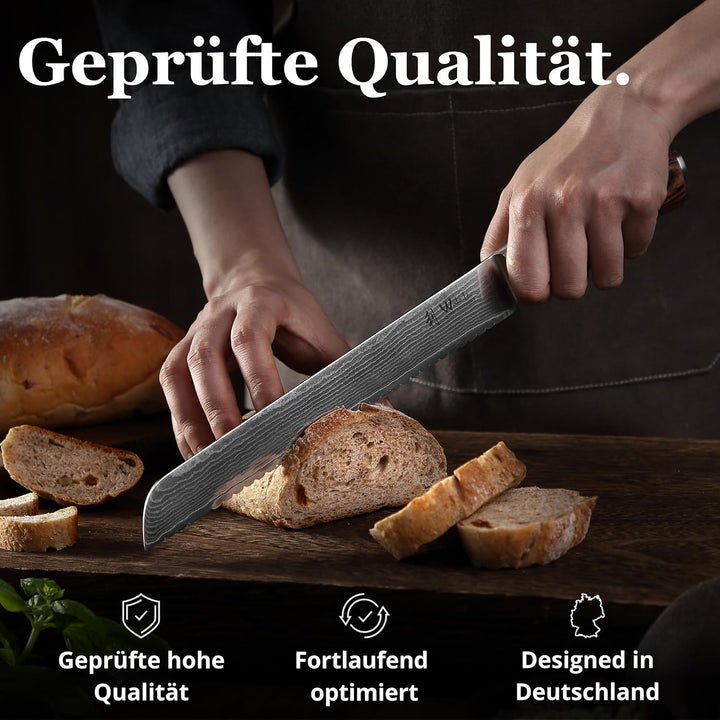 Wakoli EDIB Brotmesser Wellenschliff aus echtem Damaststahl (VG10 Kern) mit 23cm Klinge – Scharf & e