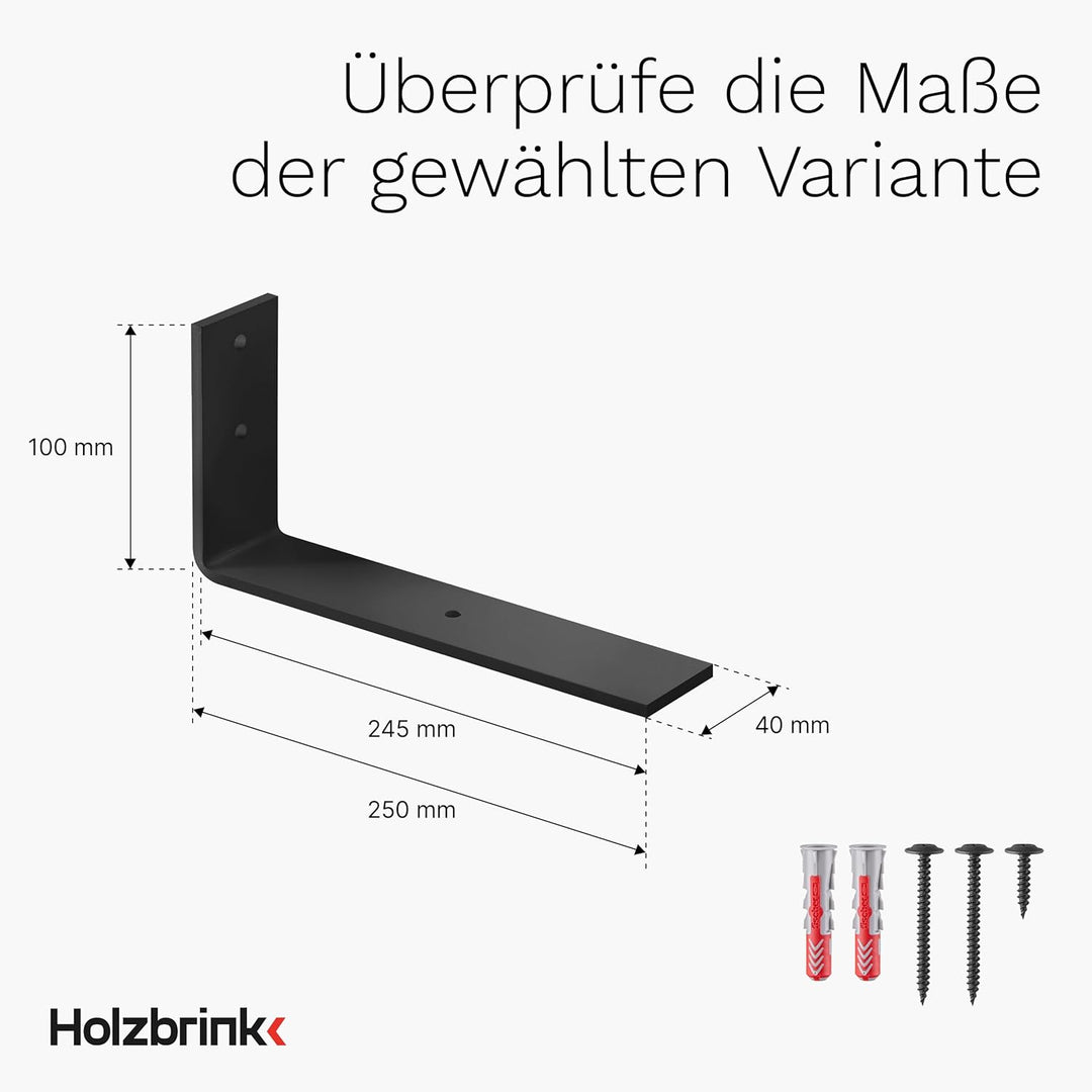 HOLZBRINK Regalträger Metall Regalhalter für Wandregal, Regalwinkel schwarz 250x100x40 mm, 10 Stück,