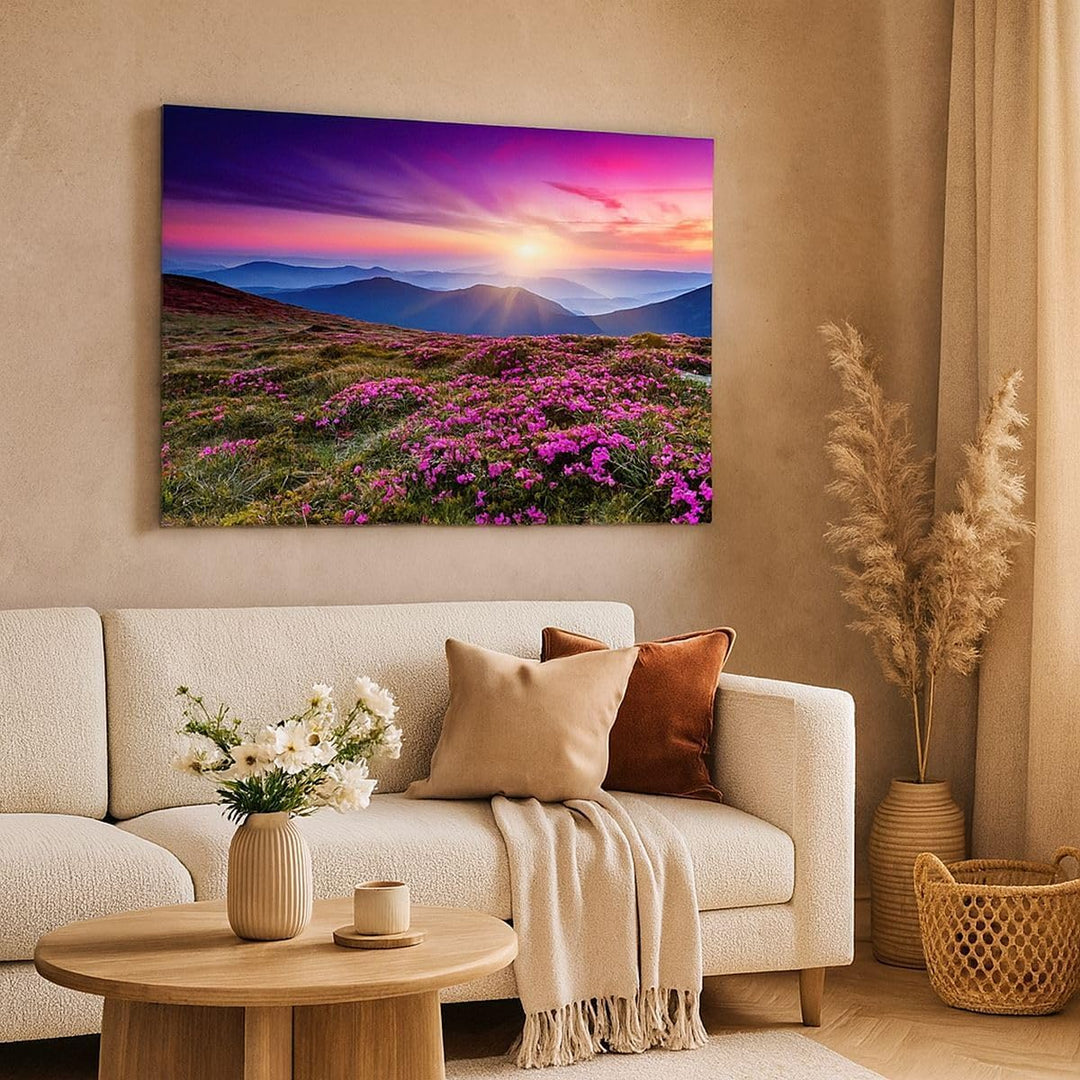 Bilder auf Leinwand 100x70cm Leinwandbild Wiese Berg Himmel Landschaft Gross Wanddeko Bild Schlafzim