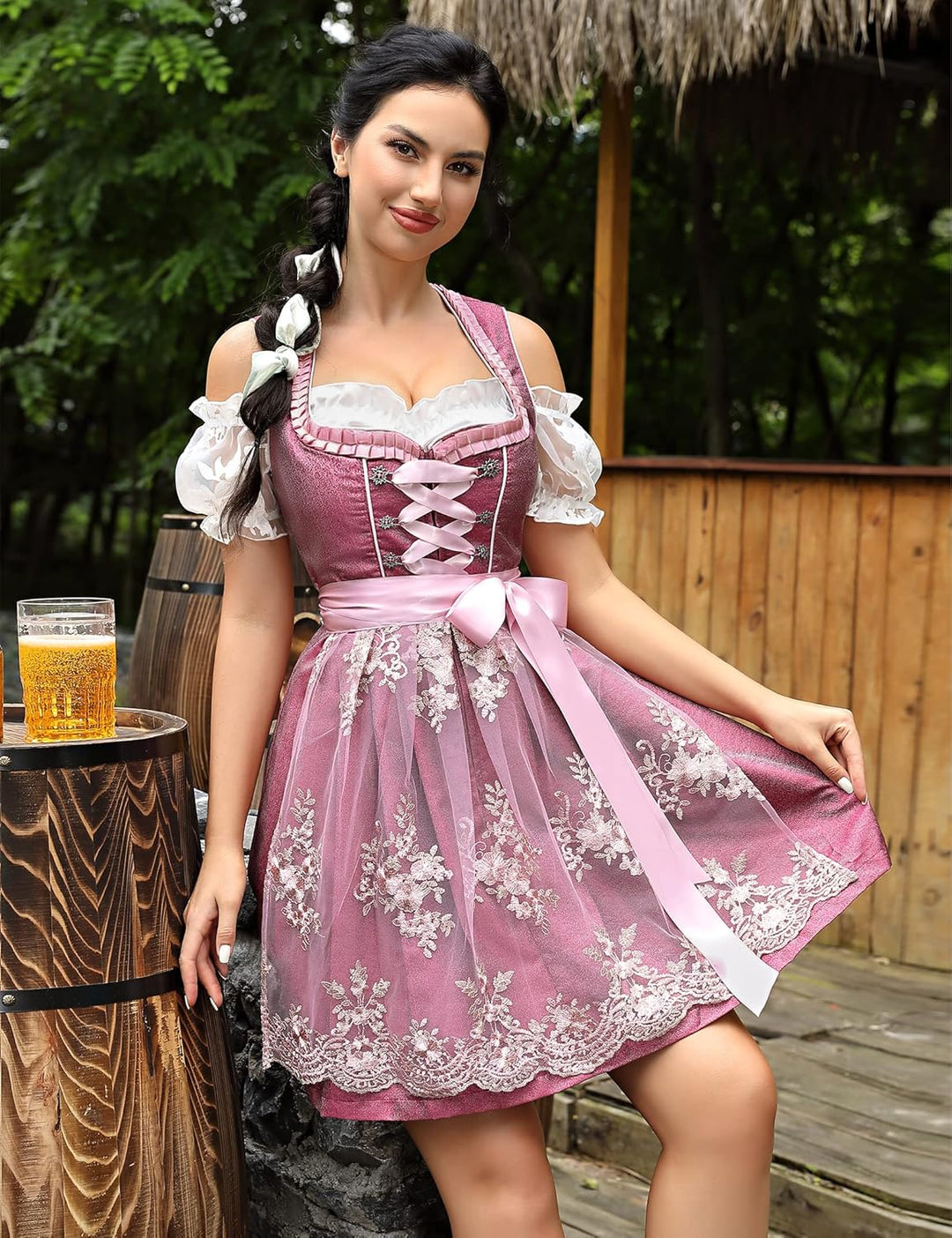 KOJOOIN Trachtenkleid Damen Dirndl Kurz Midi 3tlg. für Oktoberfest-Drei Teilig: Kleid, Bluse, Schürz