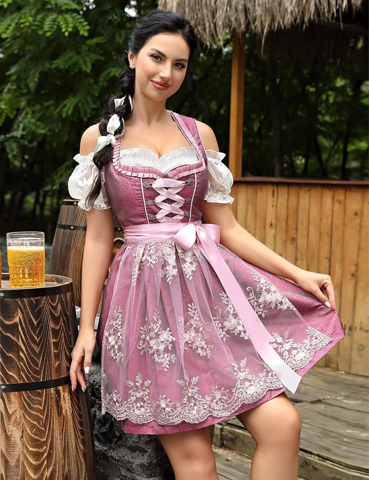 KOJOOIN Trachtenkleid Damen Dirndl Kurz Midi 3tlg. für Oktoberfest-Drei Teilig: Kleid, Bluse, Schürz