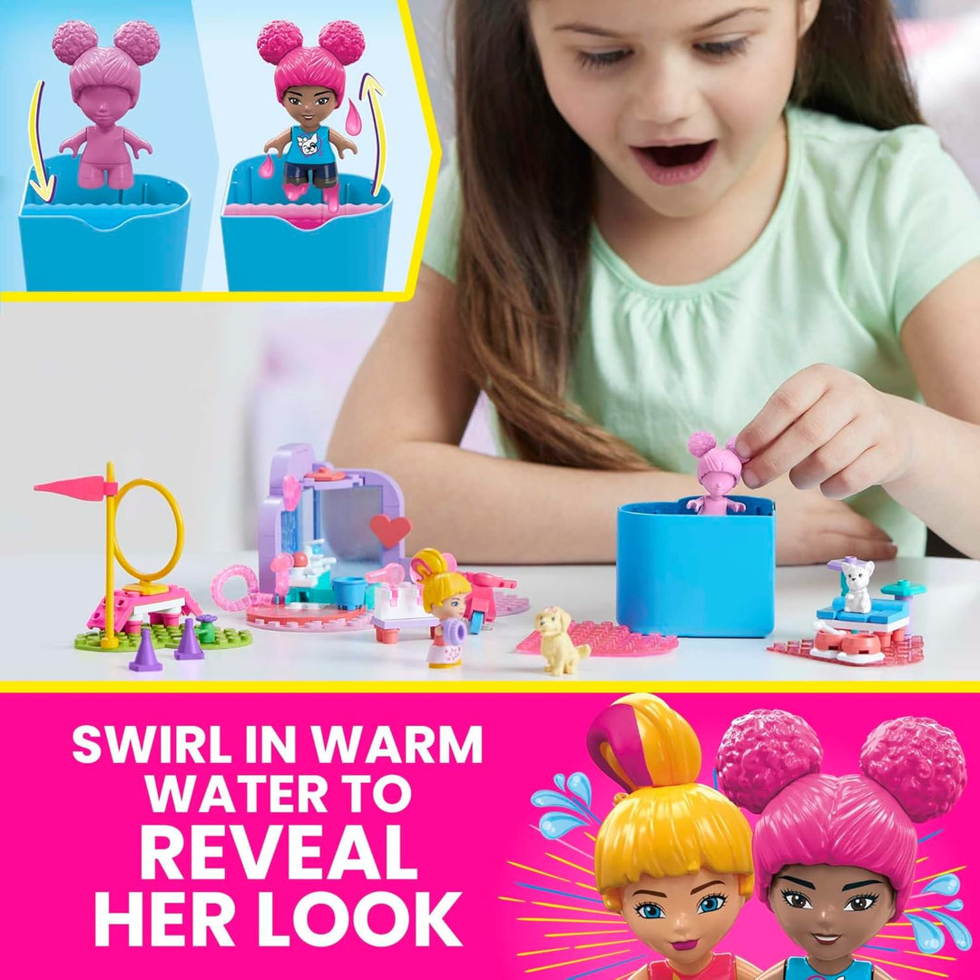 MEGA HHP89 - Barbie Color Reveal Bauspielzeug, Tiere zum Trainieren und Waschen mit 2 kleinen Barbie