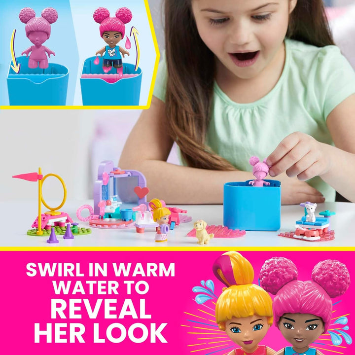 MEGA HHP89 - Barbie Color Reveal Bauspielzeug, Tiere zum Trainieren und Waschen mit 2 kleinen Barbie