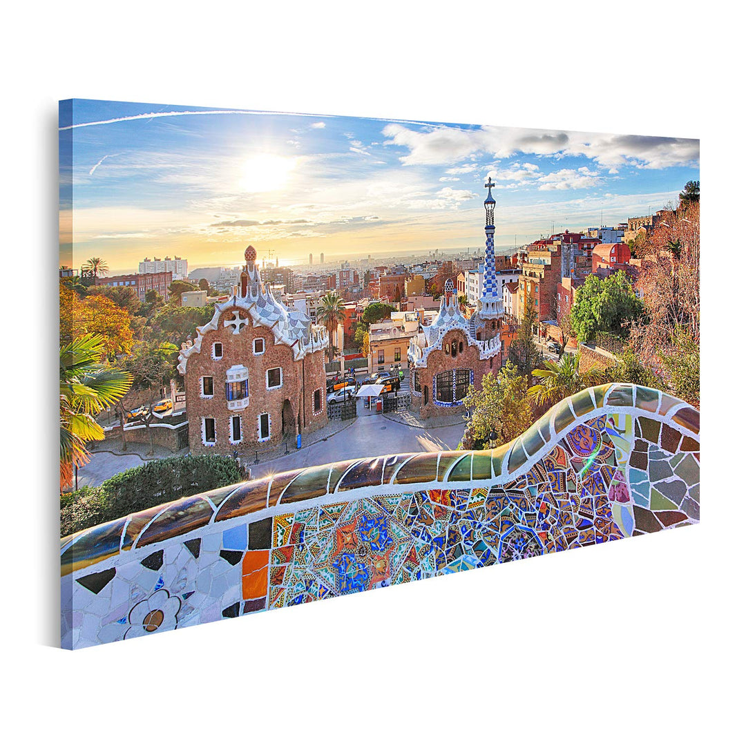 islandburner Bild auf Leinwand Barcelona Park Guell Spanien Sonne Bilder Wandbilder Poster 80L x 40B