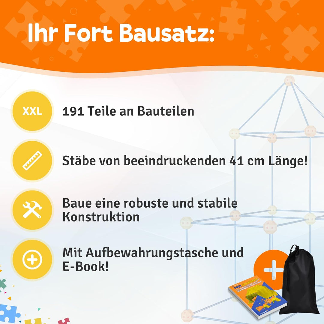 Fort Bausatz XL mit 191 Teilen, Höhle Bauen Kinder, Konstruktionsspielzeug Stecksystem, Spielzelt fü