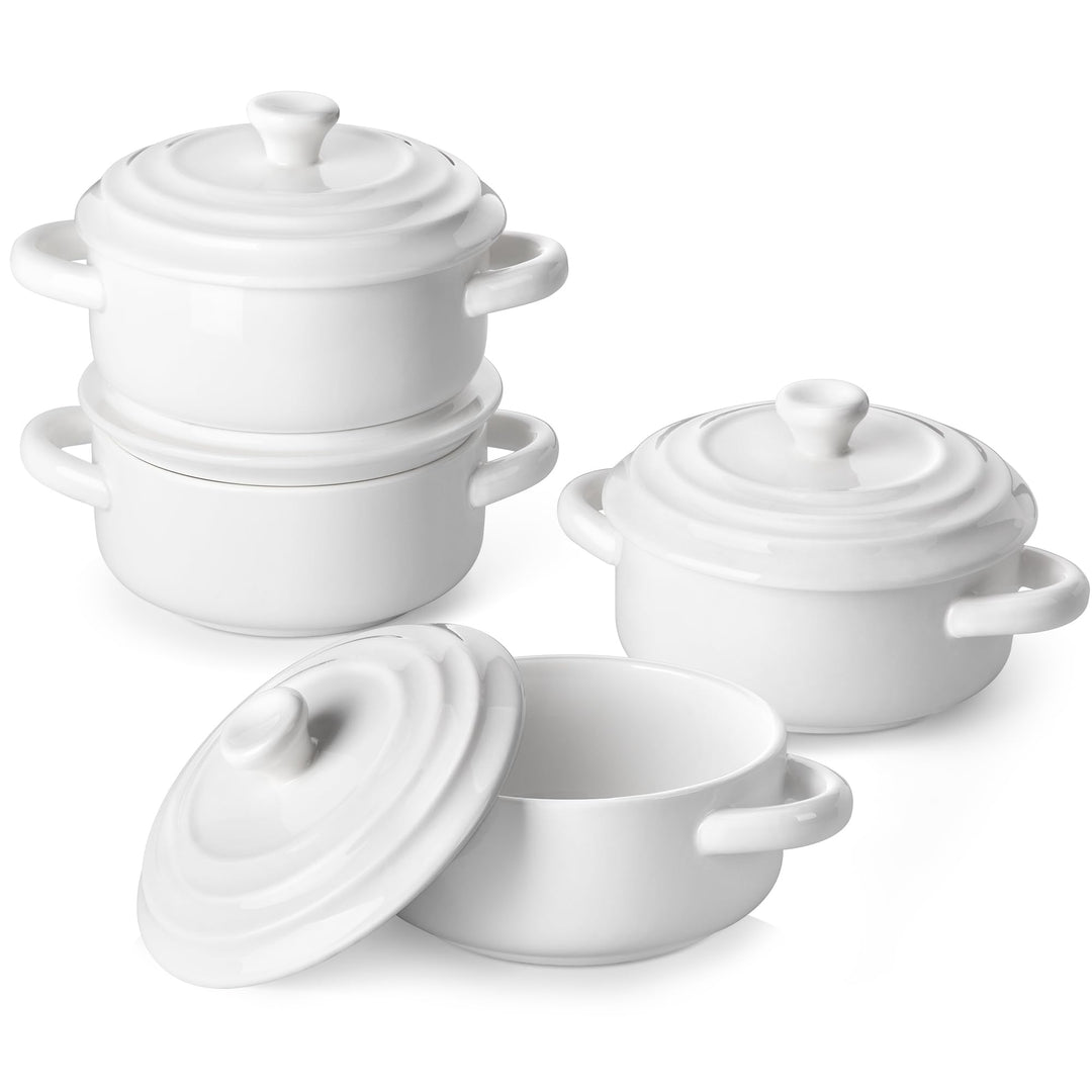 MALACASA Mini Cocotte mit Deckel, 4 Stück Auflaufform Klein aus Porzellan mit Griffen, Kleine Auflau
