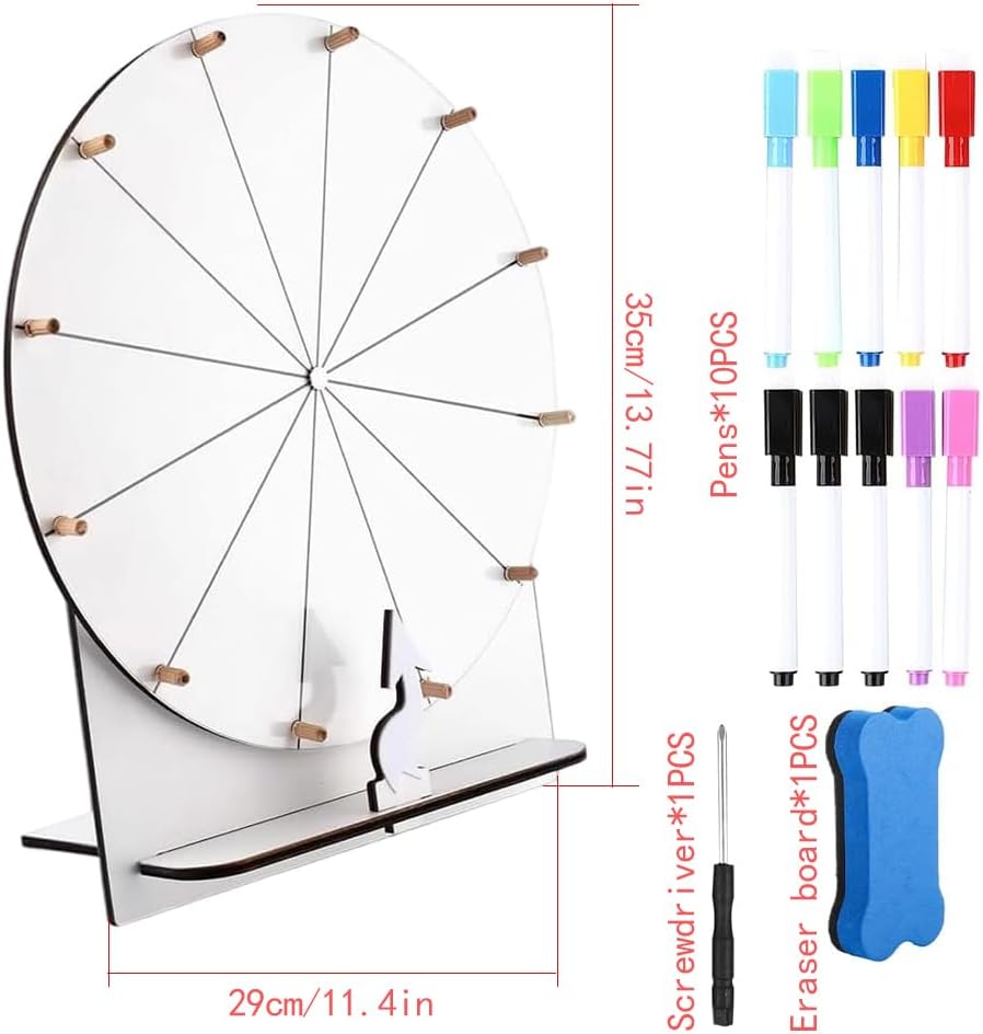 Glücksrad zum Drehen, 29cm Hölzernes Glücksrad, Grosses Set mit Radiergummi und Markierstift, für Pa